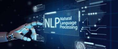 Hand of Ai Robot touching hologram screen with world map background. NLP Natural Language Processing cognitive computing technology concept. clipart