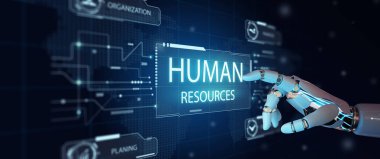 Ai Robot eli HR Futuristik 'i işaret ediyor. İnsan Kaynakları, İnsan Kaynakları, İnsan Kaynakları Yönetimi, İstihdam, İş Bulma, Kafa Avcılığı, İnsan Sosyal Ağı ve Liderlik Konsepti ile Yapay Zeka.