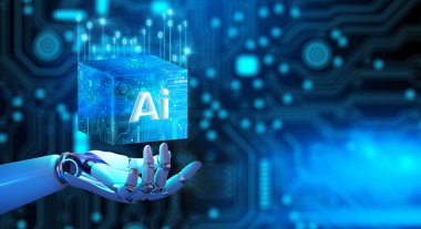 Robot el, Küp Teknolojisi 'nin Ai işlemci çipini tutuyor. Büyük veri depolama, bulut hesaplama, makine öğrenme, Ai engelleme teknolojisi. Yapay zeka öğrenilebilirlik kavramı. 3B illüstrasyon.