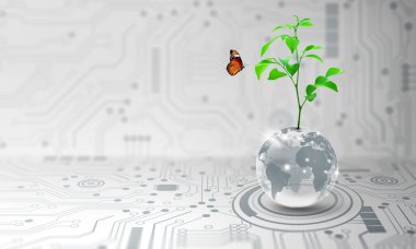 Kristal kürede büyüyen ağaç. Dijital Yakınsama ve Teknoloji Yakınsaması. Mavi ışık, ikili ve ağ arkaplanı. Green Computing, Green Technology, Green IT, CSR ve IT etik kavramı.