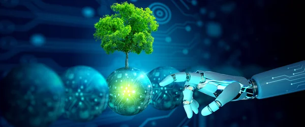 Ρομπότ Χέρι Δείχνει Μια Ψηφιακή Μπάλα Δέντρο Ενάντια Στη Φύση Εικόνα Αρχείου