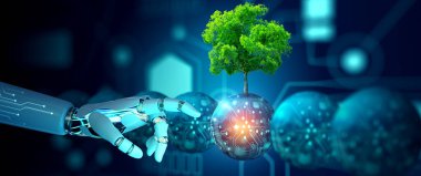 Robot el, dijital yakınsama ve teknoloji arka planına sahip doğaya karşı ağaçla çevrili dijital bir topu işaret ediyor. Ekoloji, Enerji, Çevre, Yeşil Teknoloji ve Bilişim Etik Konsepti.
