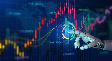 Ai Robot el, Forx grafiklerine ve borsa görüntülerine dokunuyor. Yapay Zeka kavramına sahip borsada yatırım ve ticaret.