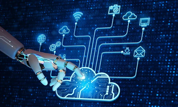 Ai Robot hand pointing Cloud computing technology internet storage network. Data information on cloud to backup storage internet data with Artificial Intelligence Concept. 3D illustration.