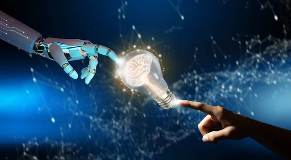 Ai Robot hand and Human hand pointing a brain inside a light bulb. Artificial Intelligence Business. Circuit converging point background. Business bright idea, Great idea for success Concept.