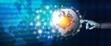 Yapay Zeka kavramı ile yeni küresel iş bağlantısı. Robot el, dünya yörüngesindeki insanları birbirine bağlayan küresel bağlantıyı yönetiyor. Dünya haritası ve insanların arkaplanı bağlanıyor.