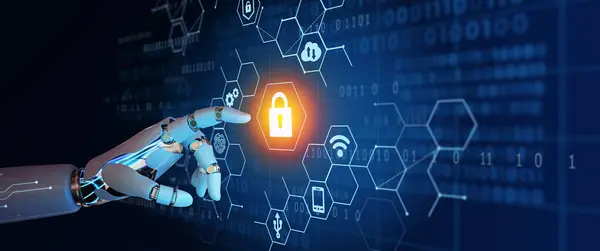 Ai Robot hand using Cyber Security Privacy, Information Privacy, and Data Protection to block a cyber attack. Network security system with Artificial Intelligence concept.