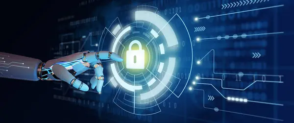 Ai Robot hand using Cyber Security Privacy, Information Privacy, and Data Protection to block a cyber attack. Network security system with Artificial Intelligence concept.