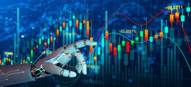 Ai Robot el, Forx grafiklerine ve borsa görüntülerine dokunuyor. Yapay Zeka kavramına sahip borsada yatırım ve ticaret.