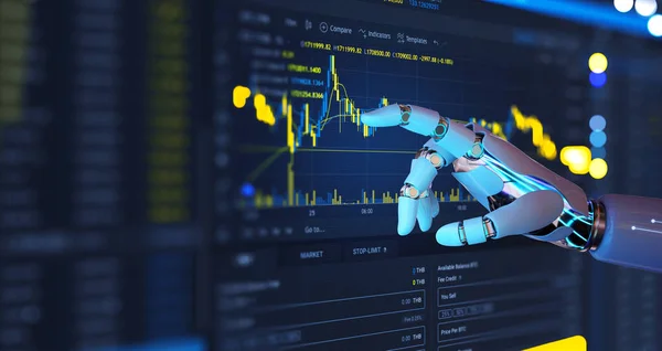 Ai Robot hand touching forex charts and diagrams stock market display on board. Investment and trading on stock market with Artificial Intelligence concept.