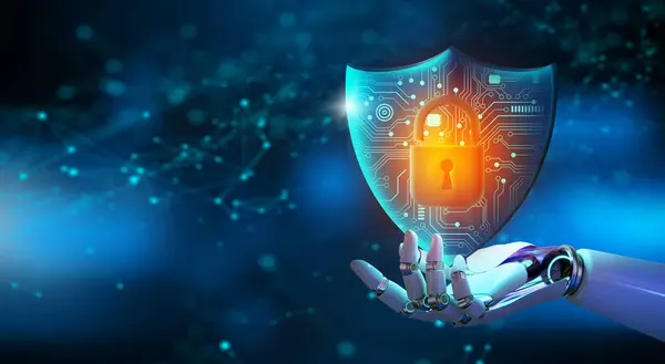 AI Robot Hand holding Shield with Padlock icon over blue background abstract. Cyber attack block, Cyber data, and Information privacy with Artificial Intelligence Concept. 3D Rendering.