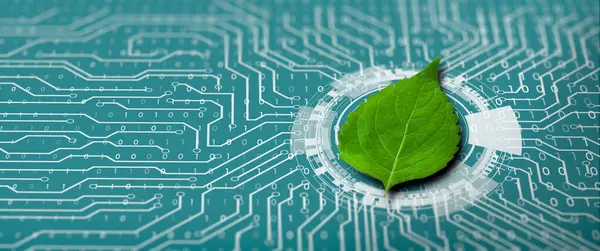 Green leaf on the converging point of computer circuit board. Nature with Digital Convergence and Technological Convergence. Green Computing, Green Technology, Green IT, csr, and IT ethics Concept.