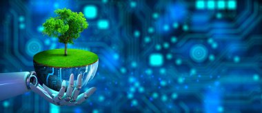 Robot El dijital saksıyı tutuyor ve ağaç büyüyor. Eko Teknoloji ve Teknoloji Yakınsaması. Green Computing, Green Technology, Green IT, CSR ve Yapay Zeka Konsepti ile bilişim ahlakı.