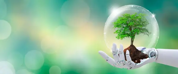 Growing tree in Robot hand with protection from crystal ball. Green background with bokeh. World mental health and World earth day. Artificial Intelligence, Saving environment and World Ecology Concept.