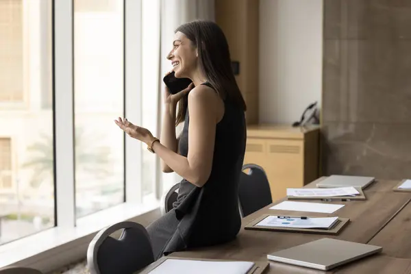 Cheerful Hispanic Manager Woman Speaking Cellphone Office Boardroom Enjoying Phone — Stock Photo, Image