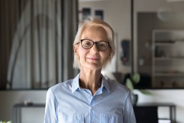 Pozitif sarışın, şık gözlüklü yaşlı iş kadını ofisinde kameraya bakıyor. Kendinden emin üst düzey kadın yönetici, girişimci, iş koçu kadın vesikalık portresi