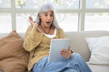 Heyecanlı yaşlı kadın tablet ekrana bakıyor, evdeki koltukta dijital cihaz kullanıyor, şaşkınlık içinde nefes nefese, el hareketi yapıyor, satış, indirim, kâr, kazanma ödülü buluyor.