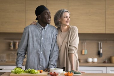 Neşeli, olgun, ırklar arası eşler haftasonunu mutfakta geçirir, bakışlarını kaçırır, mutlu olur, parlak geleceği hayal eder, görselleştirir, sağlıklı sebze salatasını birlikte hazırlar, sevgi dolu bir aile yemek yapmayı sever.