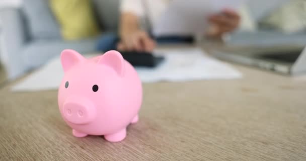Woman Calculates Income Expenses Background Close Pink Piggy Bank Symbol — Stock Video