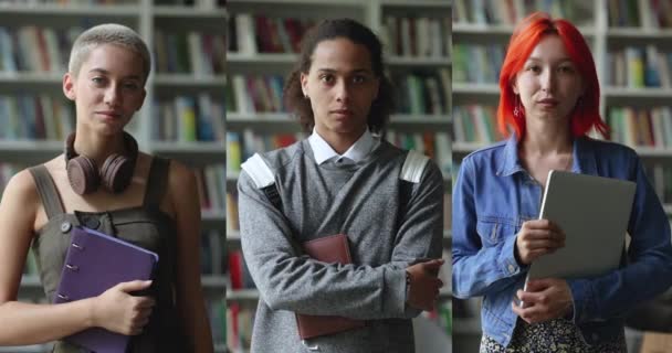 Collage Von Drei Fröhlichen Multiethnischen Studenten Die Lächelnd Die Kamera — Stockvideo