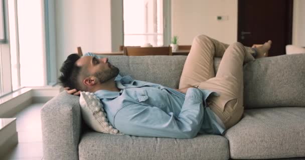 Bel Homme Souriant Couché Sur Canapé Confortable Dans Salon Confortable — Video