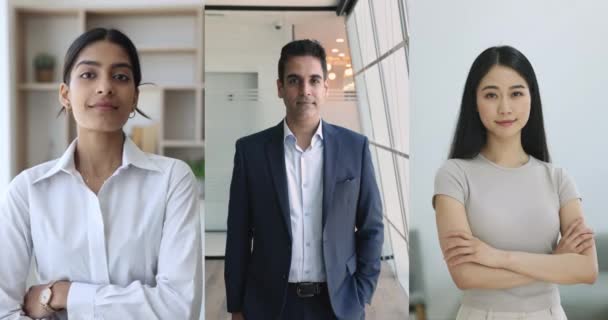 Indische Und Asiatische Geschäftsleute Posieren Arbeitsräumen Und Starren Die Kamera — Stockvideo