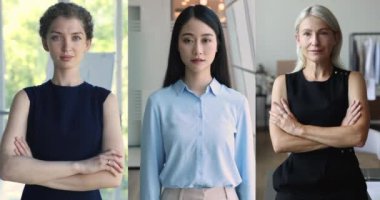 Üç genç ve orta yaşlı çok ırklı iş kadını modelinin kolajı, dikey portreler. Güzel ve kendine güvenen Asyalı ve Kafkasyalı kadınlar, günlük giysiler içinde kameraya bakıp gülümsüyorlar.