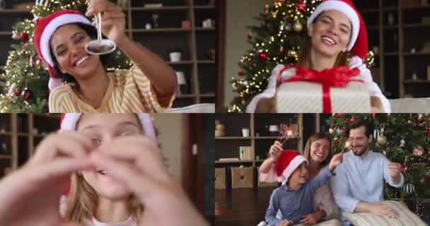 Collage Diferentes Personas Participan Videollamada Felicitar Año Nuevo Nochebuena Mostrando — Vídeos de Stock