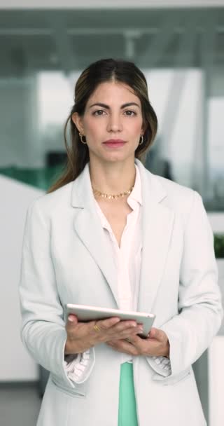 Vertical Portrait Happy Spaniard Businesswoman Executive Manager Standing Workplace Digital — Stock Video