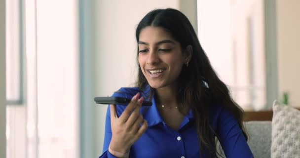Positive Attractive Young Indian Woman Talking Speaker Holding Telephone Mouth — Stock Video