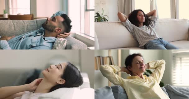 Oameni Liniștiți Care Relaxează Acasă Colaj Aproape Grup Bărbați Femei — Videoclip de stoc