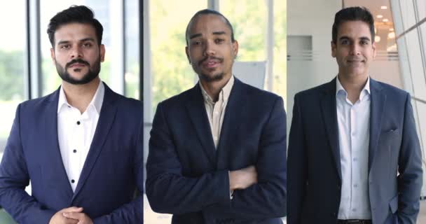 Drei Multiethnisch Gut Aussehende Führungskräfte Firmeninhaber Vertikale Porträts Collage Afrikanischer — Stockvideo