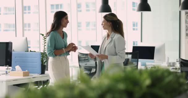 Pebisnis Wanita Membahas Rincian Tugas Dan Proyek Kolaboratif Berdiri Kantor — Stok Video