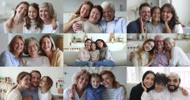 Vidám Többgenerációs Emberek Kollázsa Kanapén Ölelkeznek Nézik Kamerát Együtt Töltik — Stock videók
