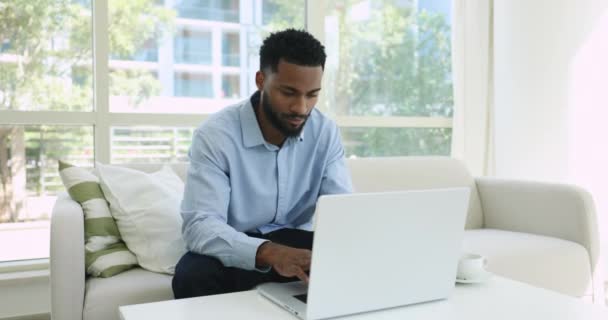 아프리카 사람은 노트북과 소파에 이메일을 비즈니스 성공을 수없는 행복을 느낀다 — 비디오