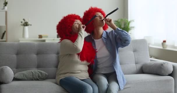 ジョイフルシニアマザーと大人の娘は 赤いピエロウィッグを着て 自宅で休日を祝い パーティーホーンに吹き込み ロール 面白いノイズを作り 楽しんで — ストック動画