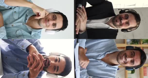 Vertikale Mehrfache Videocollage Von Vier Multinationalen Männern Mit Kopfhörern Die — Stockvideo