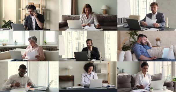 Collage Diversas Personas Jóvenes Mayores Ocupadas Con Trabajo Tareas Domésticas — Vídeo de stock