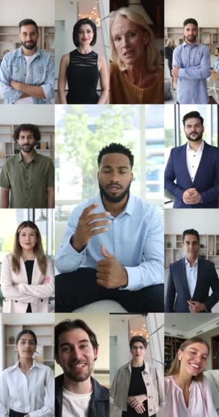 Vertikale Videos Collage Ansicht Verschiedene Menschen Schauen Auf Nocken Hören — Stockvideo