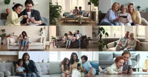 콜라주 영상보기 사랑하는 다세대 가족은 현대적인 가제트를 사용하여 집에서 시간을 — 비디오