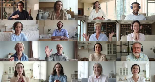 Collage Diversas Personas Jóvenes Viejos Hombres Mujeres Hacen Videollamadas Hablando — Vídeo de stock