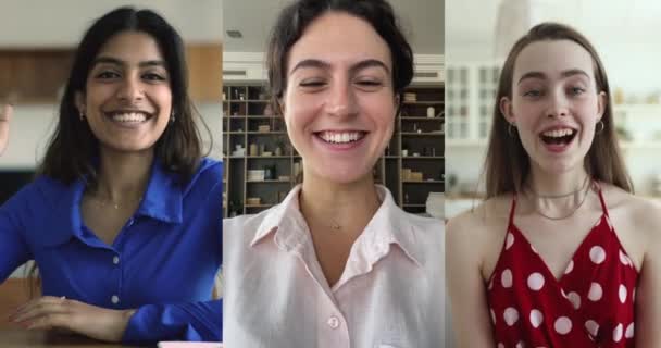 Tres Hermosas Mujeres Multiétnicas Amigos Que Dan Bienvenida Entre Inician — Vídeos de Stock