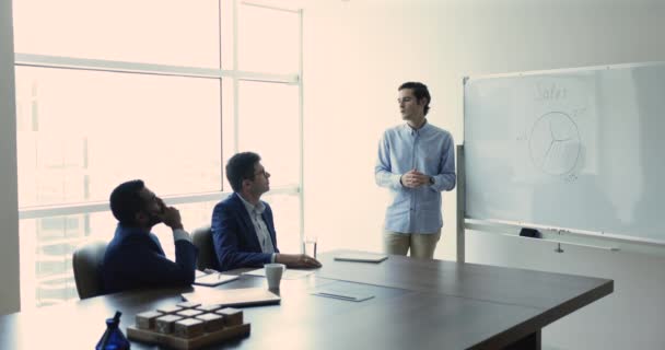 在现代会议室举行的培训 正式会议上 商人或培训人员为投资者或客户提供挂图演示 公司讲习班活动 营销战略 业务和销售 — 图库视频影像