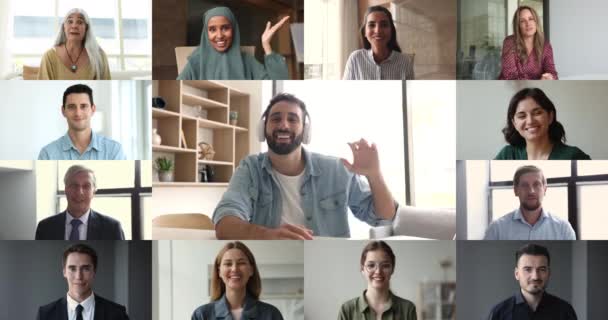 Teleconferentie Van Verschillende Leeftijd Ras Zakenmensen Meerdere Video Collage Gezichten — Stockvideo