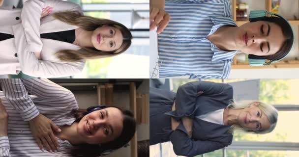Cztery Wielonarodowe Młode Średnim Wieku Biznesmenki Patrzące Przed Kamerą Rozmawiające — Wideo stockowe
