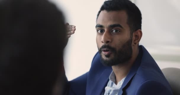 Close Millennial Indian Businessman Hold Negotiations Talking Company Client Investor — Vídeos de Stock