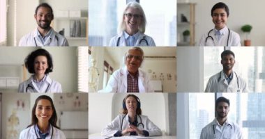 Çoklu videolar, kolaj görüşü çok ırklı doktorlar, fikir, bilgi paylaşımı için sanal toplantı yapan meslektaşlar, video çağrısını kullanarak çevrimiçi seminere katılıyorlar. Dünya çapında iletişim, tıp
