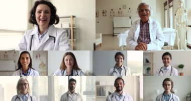 İş arkadaşlarıyla telekonferansta, genç ve olgun çok ırklı doktorların müzakere ettiği, hasta tedavisi hakkında fikir ve görüşlerini paylaştığı videolar kolaj görüşü yer alıyor. Çevrimiçi Tıp Konseyi