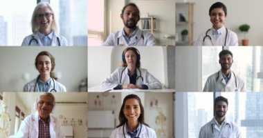 Çok ırklı doktorların video çağrısı, kolaj görüşü. Farklı yaş ve ırk pratisyen hekimleri genç kadın terapistleri dinliyor, konuşma yapıyor, tıp konseyinde yer alıyor video konferans uygulaması kullanıyor.