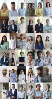 Dikey görüntüler kolaj görüntüsü farklı nesiller, etnik köken ve işgal insanlar kameraya bakarak evde veya işyerinde gülümsüyor ve mutlu görünüyorlar. Bekarlar için e-randevu hizmetleri uygulaması, yaşam tarzı